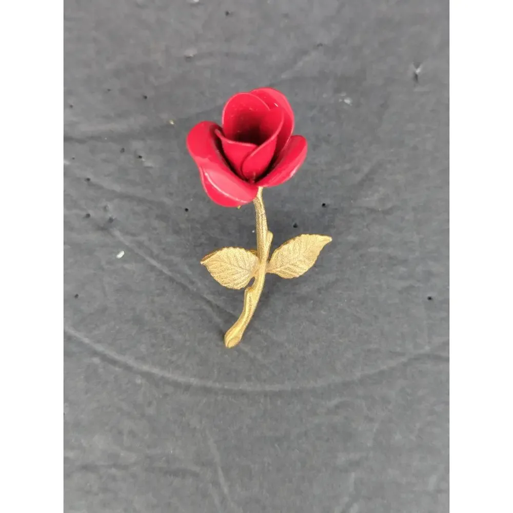 Vintage Red Porcelain Rose Flower Stem Brooch Pin Gold Tone Leaf Accent